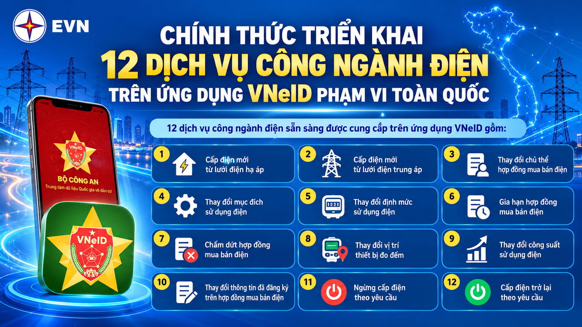 Cung cấp 12 dịch vụ công ngành điện trên VNeID
